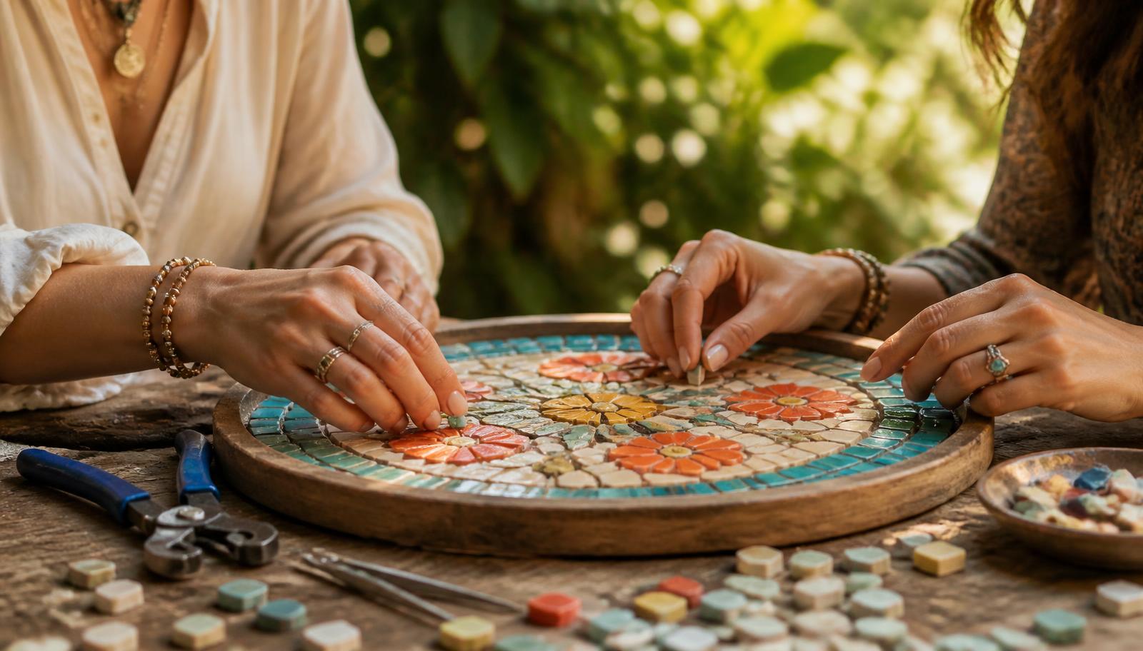 Hände, die im Freien ein farbenfrohes Mosaiktablett gestalten